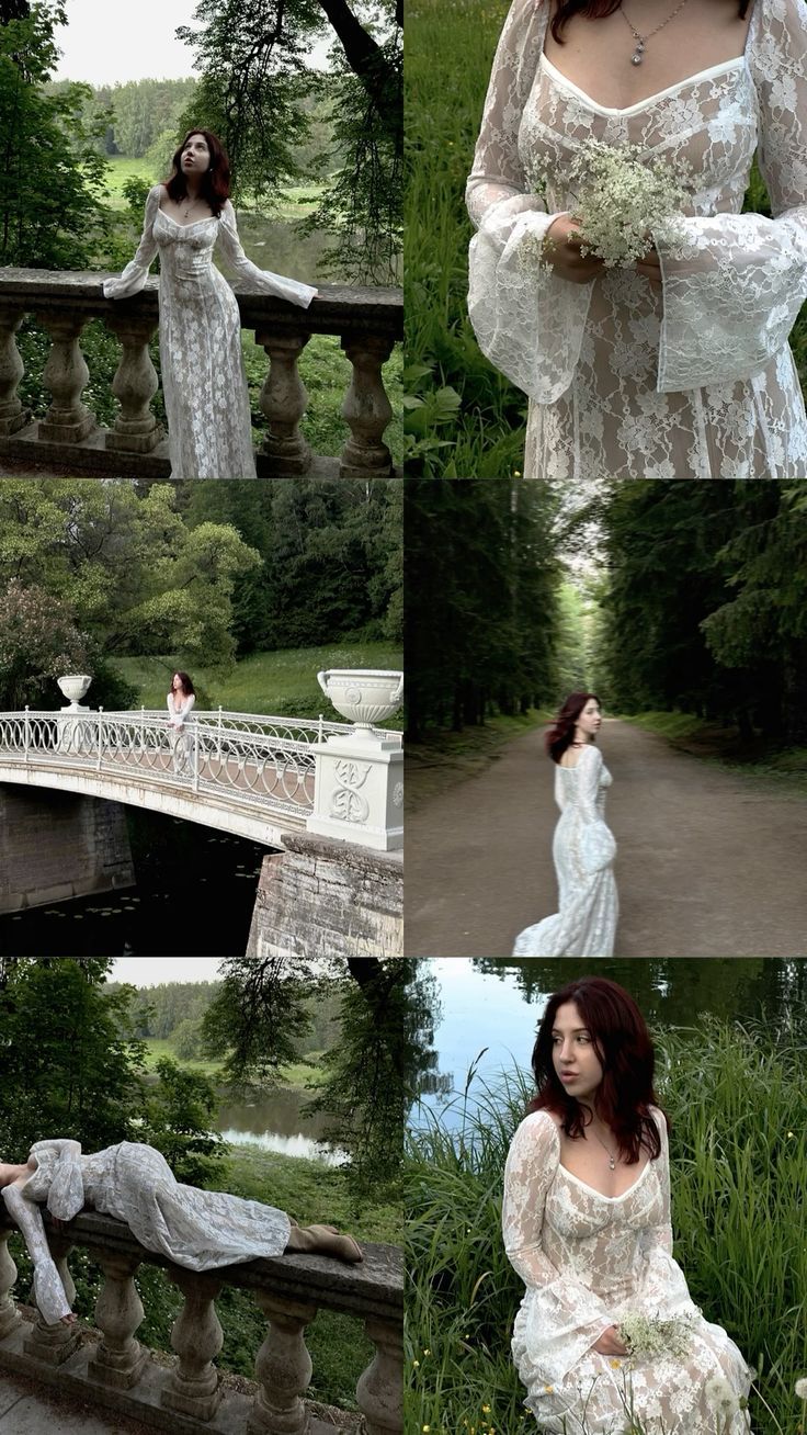 the woman is dressed in an old fashion dress and posing for pictures on her wedding day