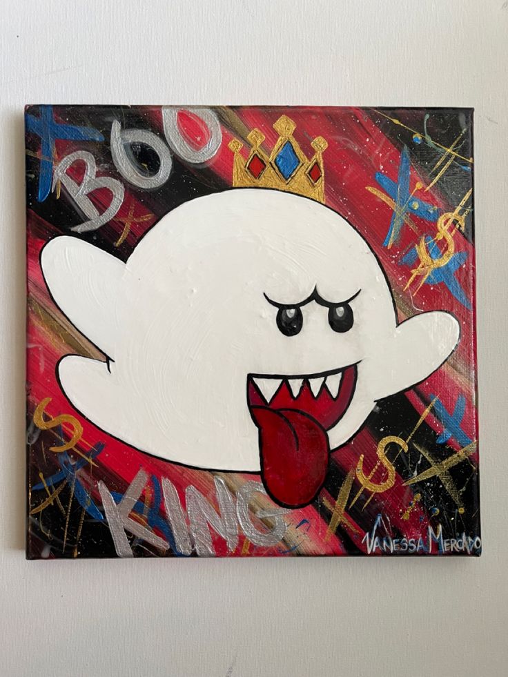 a painting of a ghost with its mouth open and tongue out, on a white wall