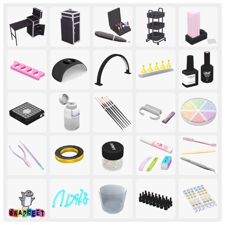 an assortment of various items are shown in this graphic design tool set, including nail polishes, eyeliners, and makeup brushes