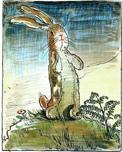 a drawing of a rabbit standing in the grass