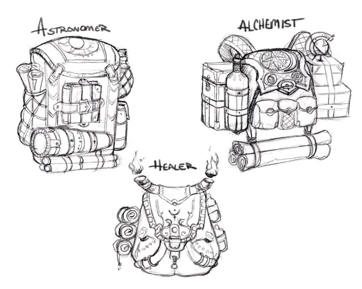 three drawings of backpacks with different designs