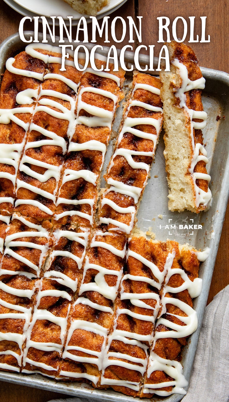 cinnamon roll focaccia with white icing on top