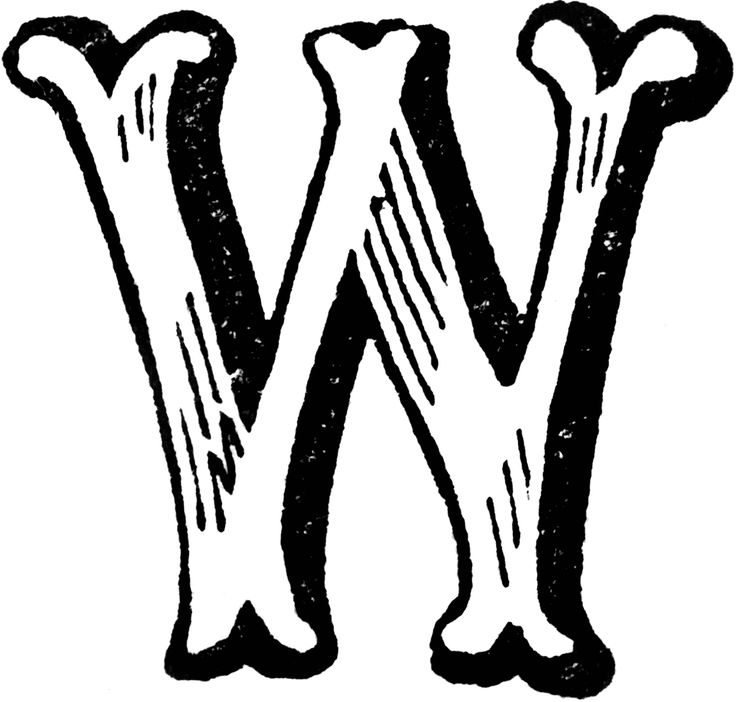 the letter w is drawn in black and white with rough edges, vintage line drawing or engraving