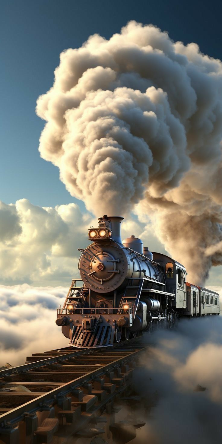 a steam engine train is traveling through the clouds