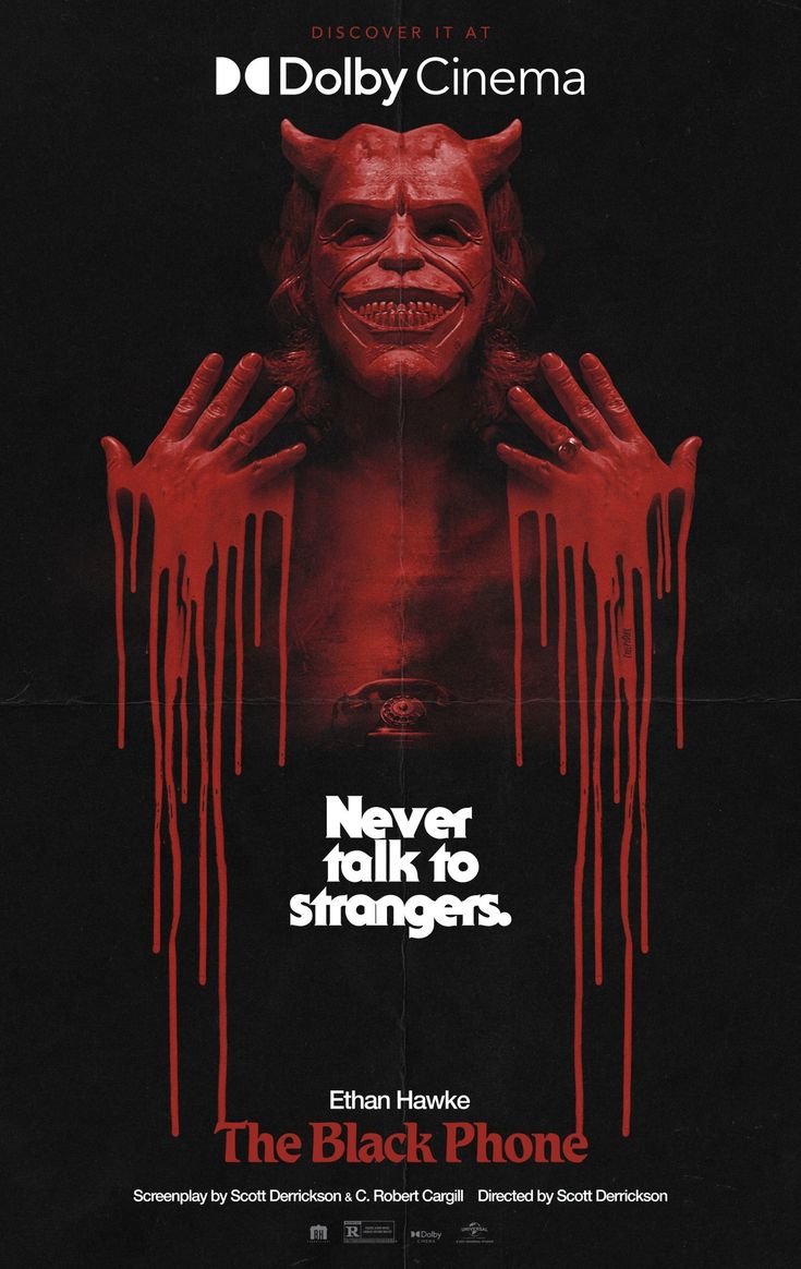 a movie poster for the film never talk to strangers, featuring an evil demon holding his hands