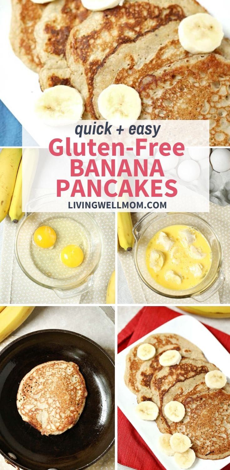 pancakes with bananas and eggs are shown in this collage