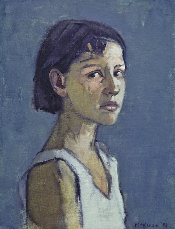 an oil painting of a woman in white shirt looking to the side with her eyes closed