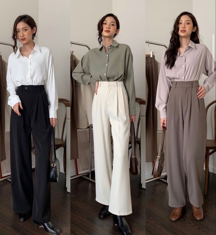 Smart Pants Outfit Women, Wide Legged Trousers Outfit, Simple Formal Outfits, Lawyer Fits, Smart Casual Clothes, Pleated Pants Outfit, Womens Work Pants, Formal Shirts Women, Uniform Hotel