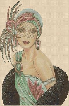 a cross stitch picture of a woman wearing a green dress with feathers on her head