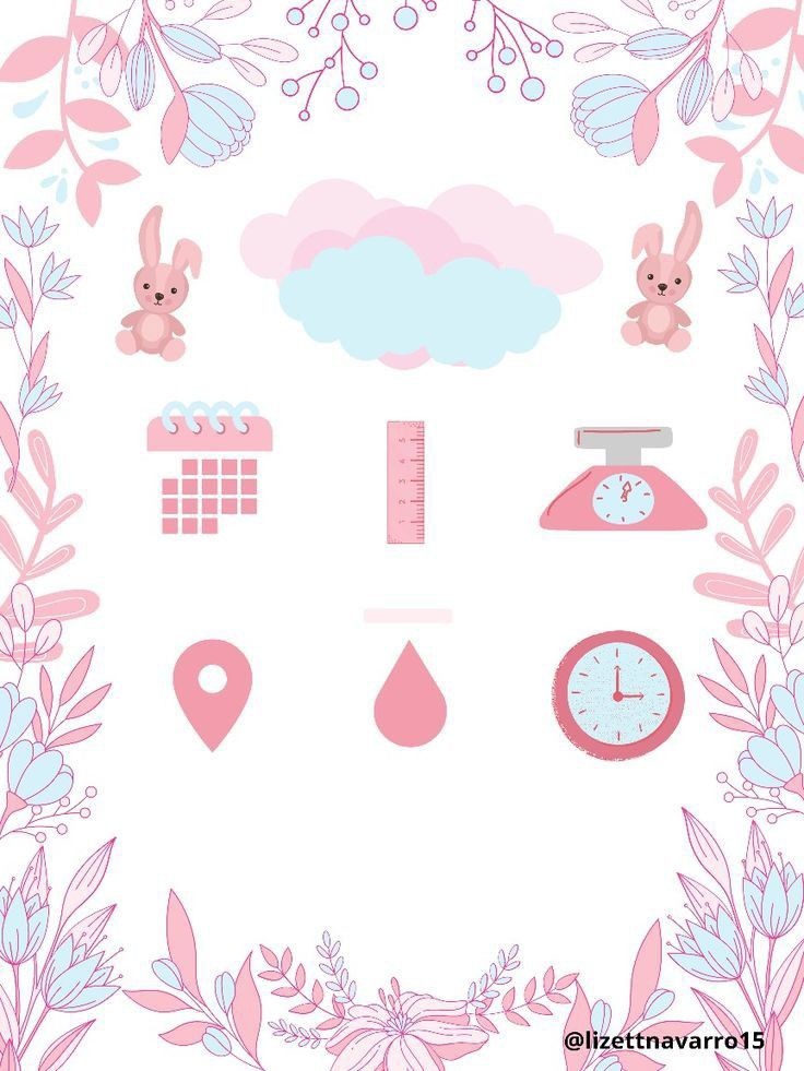 a pink and blue floral frame with various items in the shape of clouds, clocks, flowers and leaves