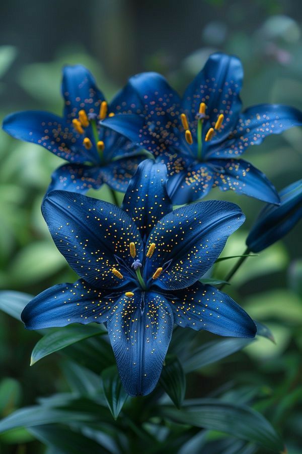 three blue flowers with yellow stamens in the foreground and green foliage in the background