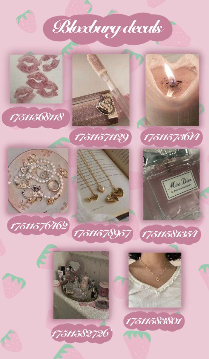 a pink poster with many different items on it's side, including necklaces and rings