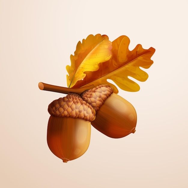 an acorn and oak leaf on a branch with the leaves still attached to it