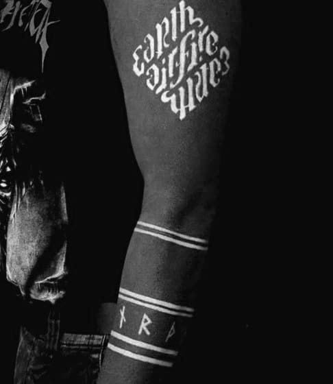 black and white photograph of a man with tattoos on his arm