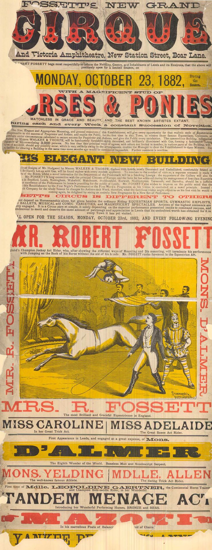 an old newspaper advertisement for circus shows horses and ponies in yellow, red, and black