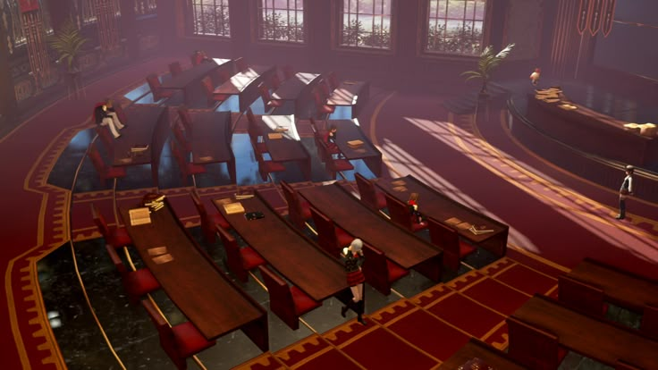 the interior of a building with tables and benches in it's center aisle, surrounded by red carpeted flooring