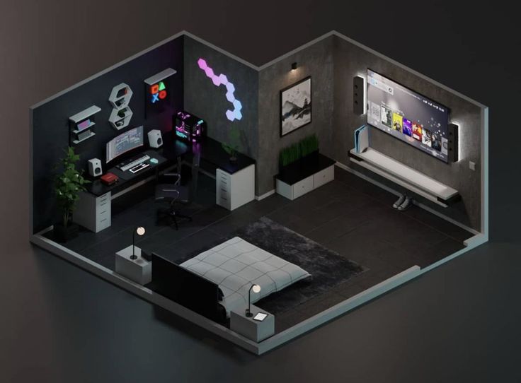 an overhead view of a living room and bedroom area in a small apartment with black walls