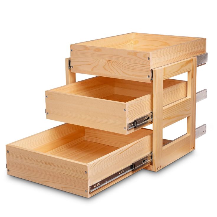 two wooden drawers stacked on top of each other with one drawer open and the other closed