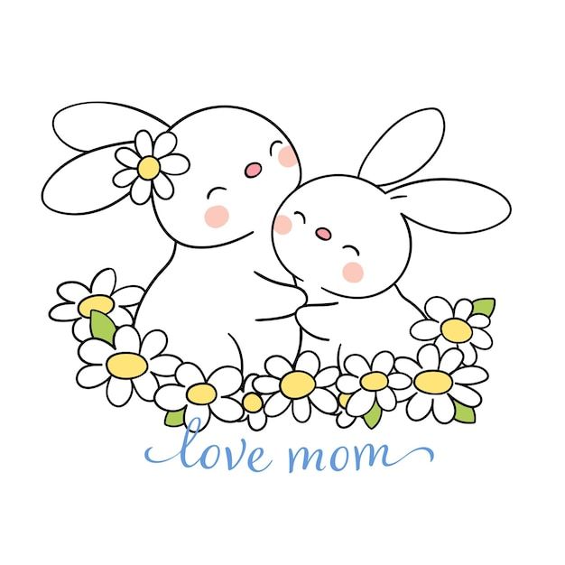 two rabbits are hugging each other with daisies in the foreground that says love mom