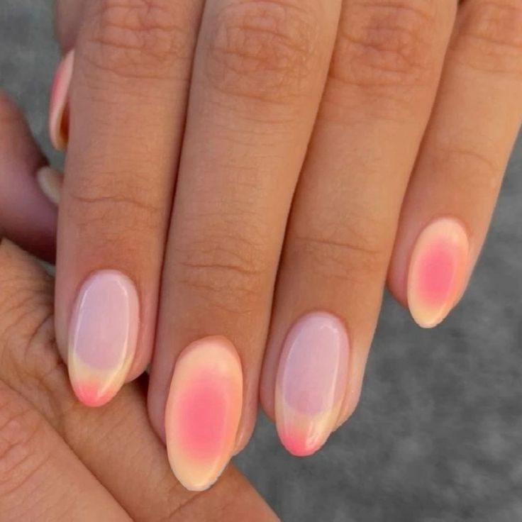 Trendy Aura Nails, Pink And Yellow Ombre Nails Acrylic, Nails Inspo School, Pink And Yellow Nail Art, Nail Inspo Summer Yellow, Aura And French Tip Nails, Biab Nails Inspiration Summer, Summer Back To School Nails, Yellow Pink Aura Nails