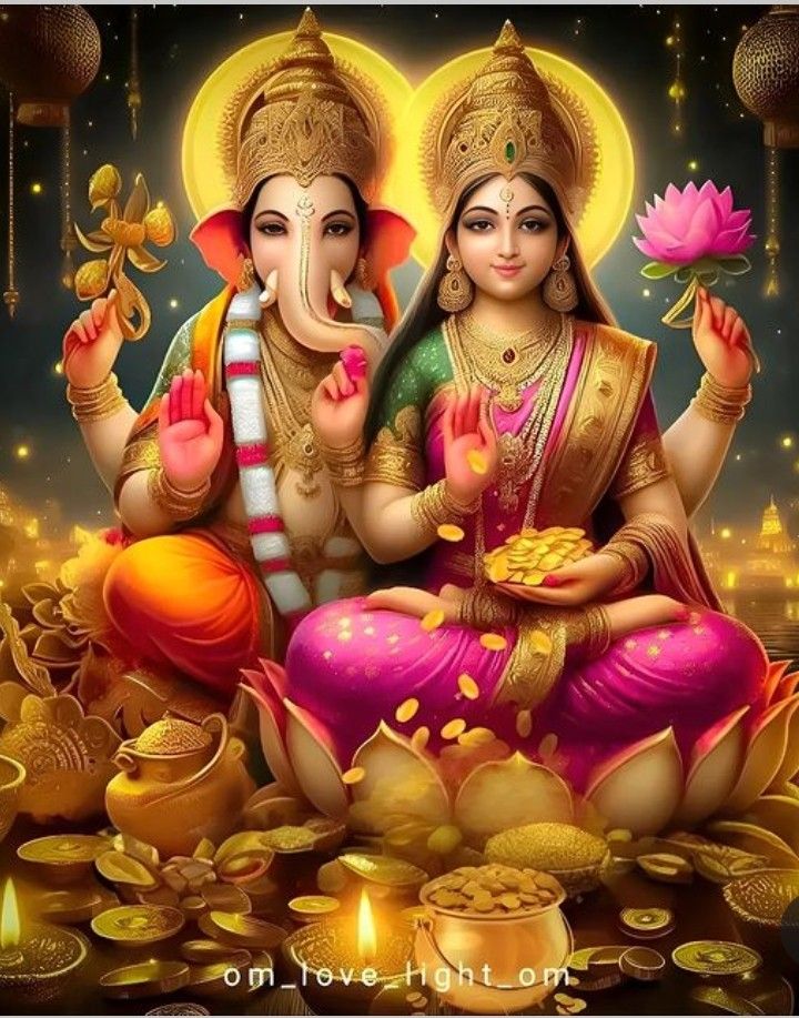 two deities sitting on top of a pile of gold coins and holding an elephant's trunk