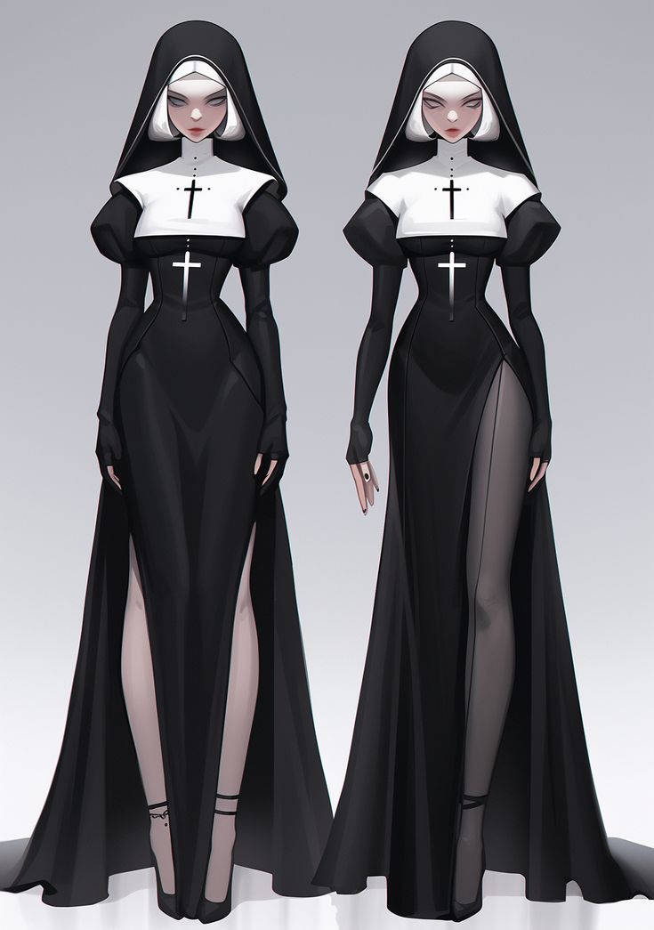 two women in black and white dresses with long sleeves, one wearing a cross on the chest