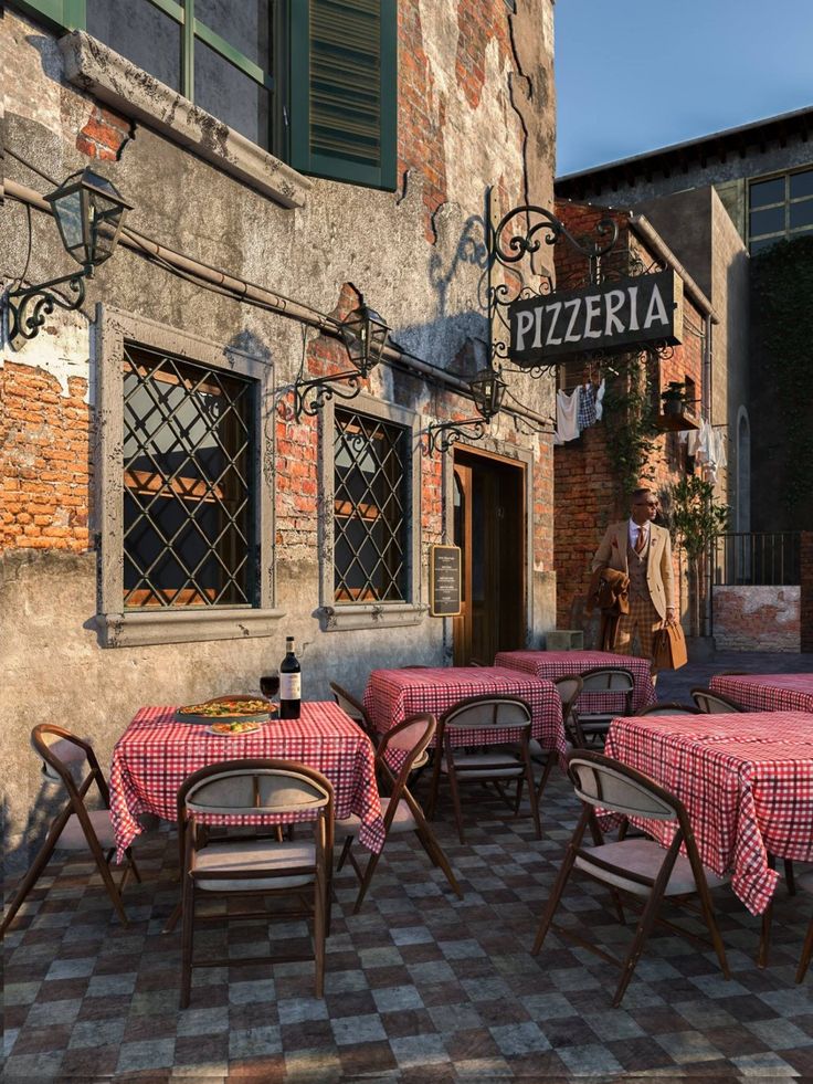 an outdoor dining area with tables and chairs