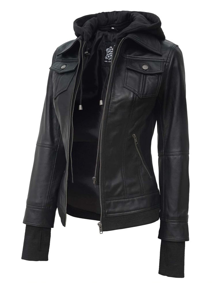 Tralee Black Womens Hooded Leather Jacket – Decrum Motorcycle Jacket Women Plus Size, Luxury Black Biker Jacket For Winter, Luxury Hooded Biker Jacket In Casual Style, Elegant Luxury Biker Jacket With Zipper Closure, Luxury Biker Jacket With Padded Collar For Biker Events, Summer Womens Motorcycle Jacket, Luxury Rock Style Biker Jacket For Winter, Luxury Women's Biker Jacket For Fall, Luxury Women's Biker Jacket For Workwear