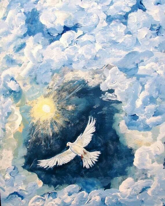 a painting of a white bird flying through the sky with clouds and sun in the background