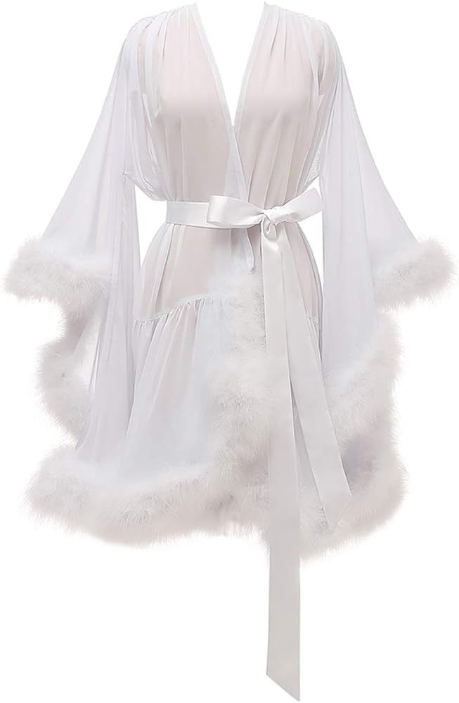 Molisa Short Chiffon Bridal Feather Robe Sheer Lingerie Bathrobe Sleepwear Nightgown Wedding Robes Light Blue XL : Amazon.ca: Clothing, Shoes & Accessories Sheer Robe With Fur, Robe With Fur, Feather Bridal Robe, Cute Pajama Outfits, Fancy Robes, Bridal Dressing Gown, Night Gown Dress, Lingerie Nightgown, Wedding Scarf