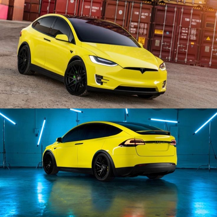 two different views of a yellow car in front of shipping containers and the same one with black rims