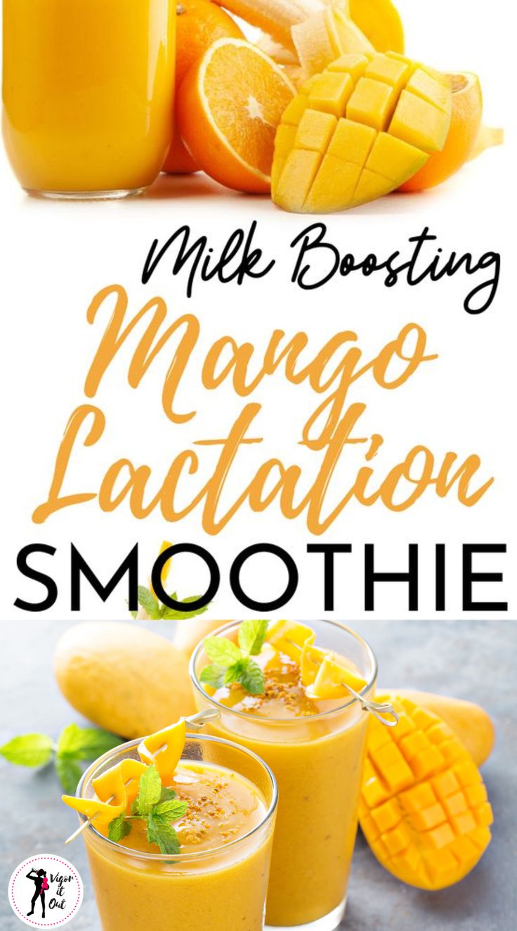 mango smoothie with oranges and sliced mangoes in the background text reads, milk boostering mango lactatfoon smoothie