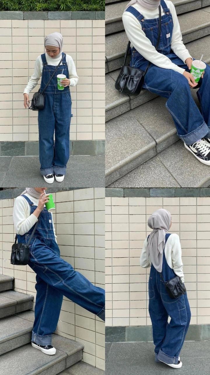 Jumpsuit With Hijab, Ootd Overall Jeans, Jeans Jumpsuit Outfit Hijab, Over All Outfit Denim Overalls, Ootd Jumpsuit Hijab Jeans, Overall Jeans Hijab, Jumpsuit Outfit Hijab Style, Outfit Overall Hijab, Overall Jeans Outfit