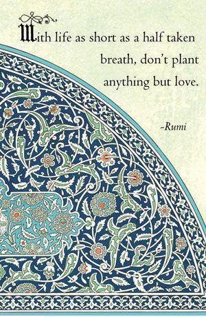 a quote from rumi about life as short as a half taken breath, don't plant anything but love