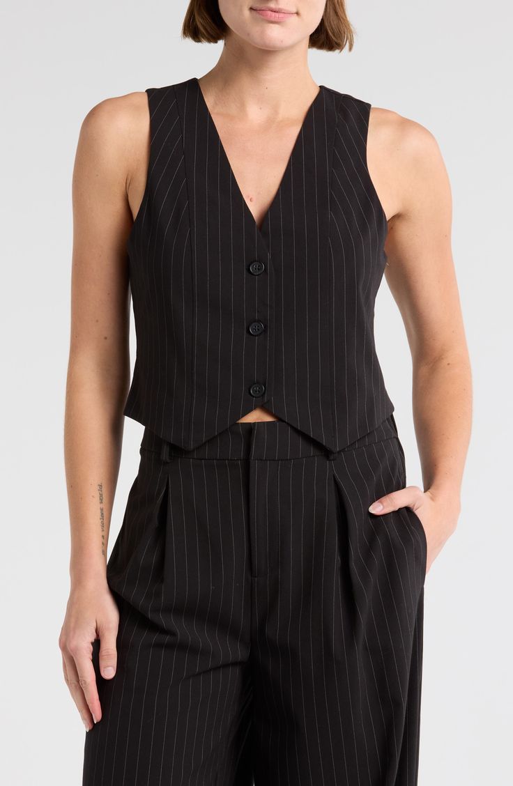 Pinstripes add a lengthening look to this button-front vest that's perfect from desk-to-dinner. 19" length (size Small) Front button closure V-neck Sleeveless Lined 70% polyester, 28% rayon, 2% spandex Machine wash, dry flat Imported Blazer Vest, Suit Vest, Blazer Jacket, Nordstrom Rack, Nordstrom, Desk, Spandex, Blazer, V Neck