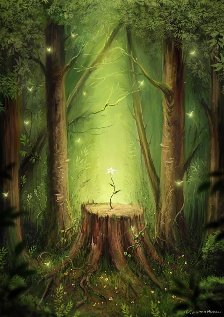 a painting of a tree stump in the middle of a forest with fireflies on it