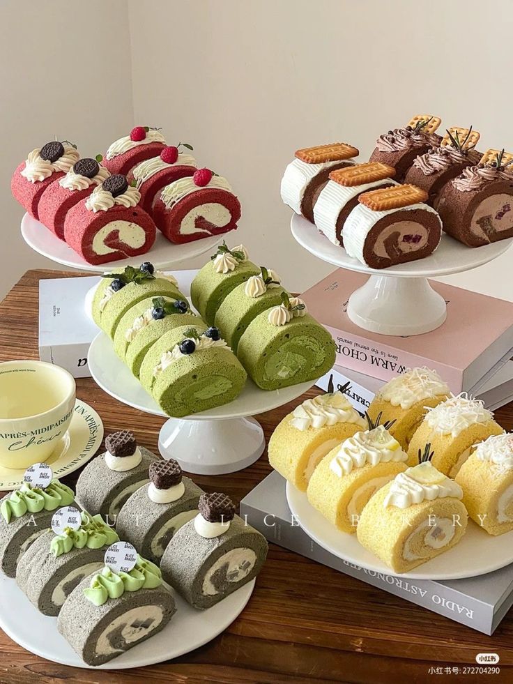 several different types of pastries and desserts on plates