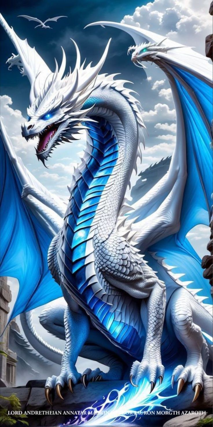 a blue and white dragon sitting on top of a stone wall with clouds in the background