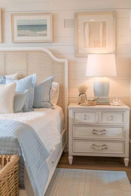 a bedroom with white walls and blue bedding