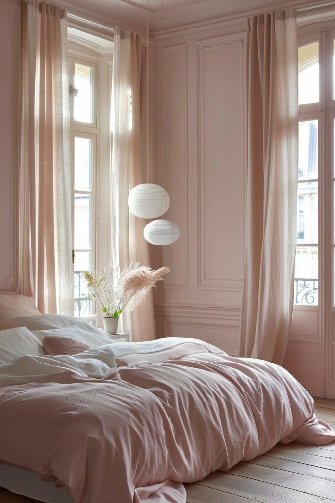 an unmade bed with pink sheets and pillows in front of two large windows on the wall