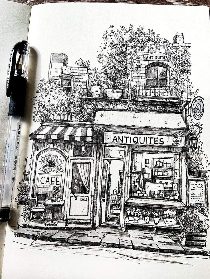 a drawing of an antique store in the city