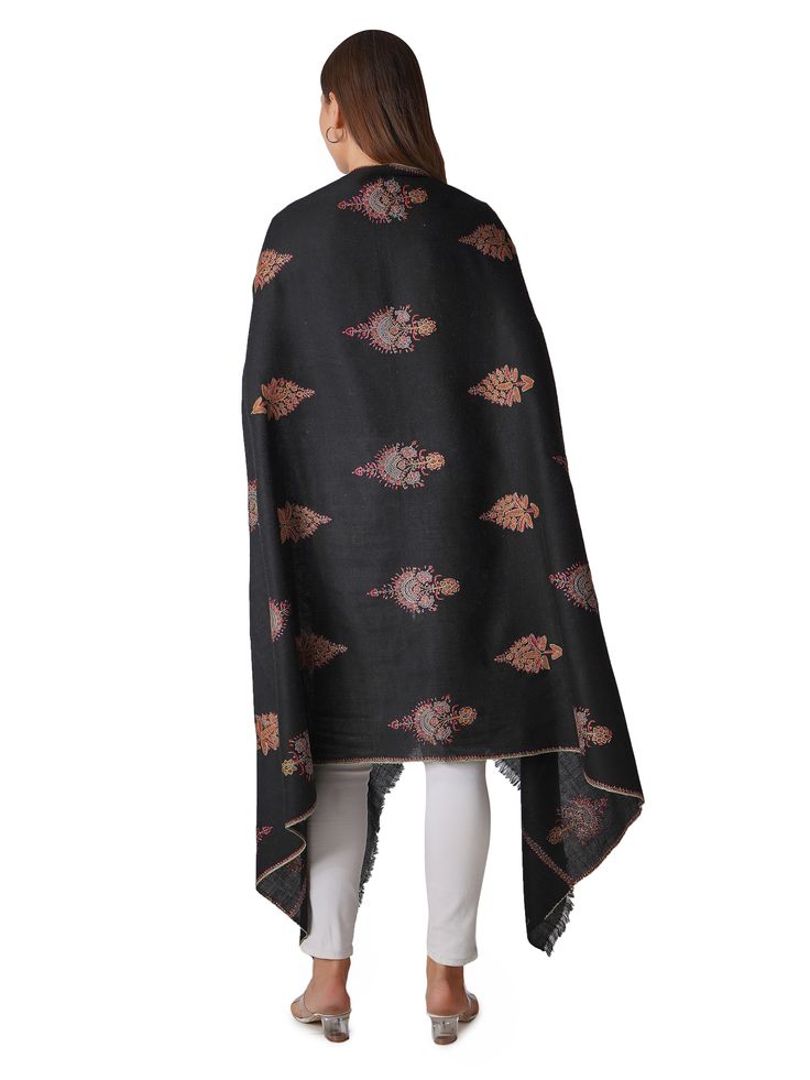 Wrap yourself in sophistication with our Stylish Black Pashmina Shawl, featuring elegant embroidery that adds a touch of luxury to any outfit. Crafted from the finest pashmina, this shawl offers unparalleled softness and warmth, making it an essential accessory for every occasion. Product Details: Hand Embroidered Kashmiri Pashmina Shawl Material: Pure Pashmina (100% Cashmere) Size: 100 cm X 203 cm / 40 Inch X 80 Inch / 1.1 x 2.2 Yards (Approx) Color: Black with intricate embroidery Embroidery: Luxury Embroidered Festive Traditional Wear, Black Pashmina Shawl For Wedding, Black Unstitched Embroidered Fabric In Traditional Drape, Unstitched Black Embroidered Fabric With Traditional Drape, Luxury Pashmina Shawl For Festive Occasions, Elegant Embroidered Pashmina Fabric For Eid, Black Embroidered Fabric With Traditional Drape Dupatta, Black Pashmina Shawl For Festive Occasions, Elegant Pashmina Traditional Wear With Chikankari Embroidery