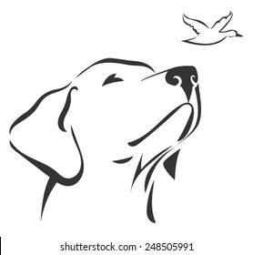 a black and white drawing of a dog looking up at a bird flying in the sky