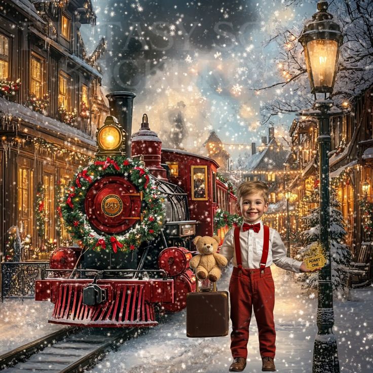 a painting of a boy standing in front of a train with christmas decorations on it