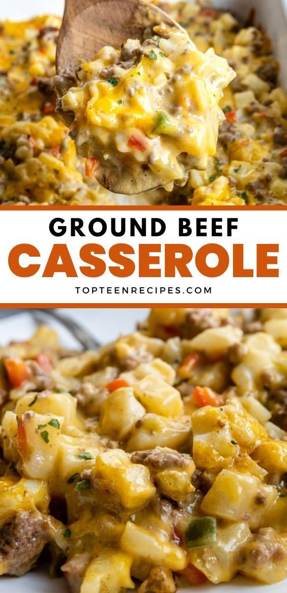 ground beef casserole in a white dish with a wooden spoon and text overlay