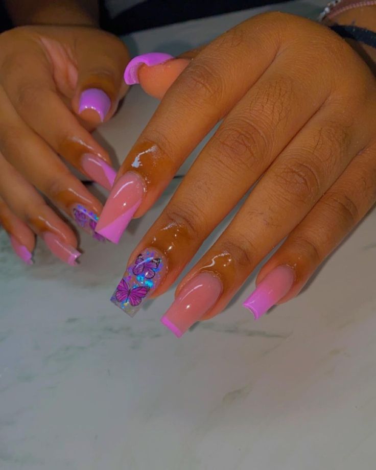 Short Birthday Nail Designs, Pink And Purple Nails Designs, Baddie Short Nails, Dope Nail Designs Short, Short Baddie Nails, Baddie Short Acrylic Nails, Baddie Nails Short, Short Coffin Nails Designs, Purple Acrylic Nails