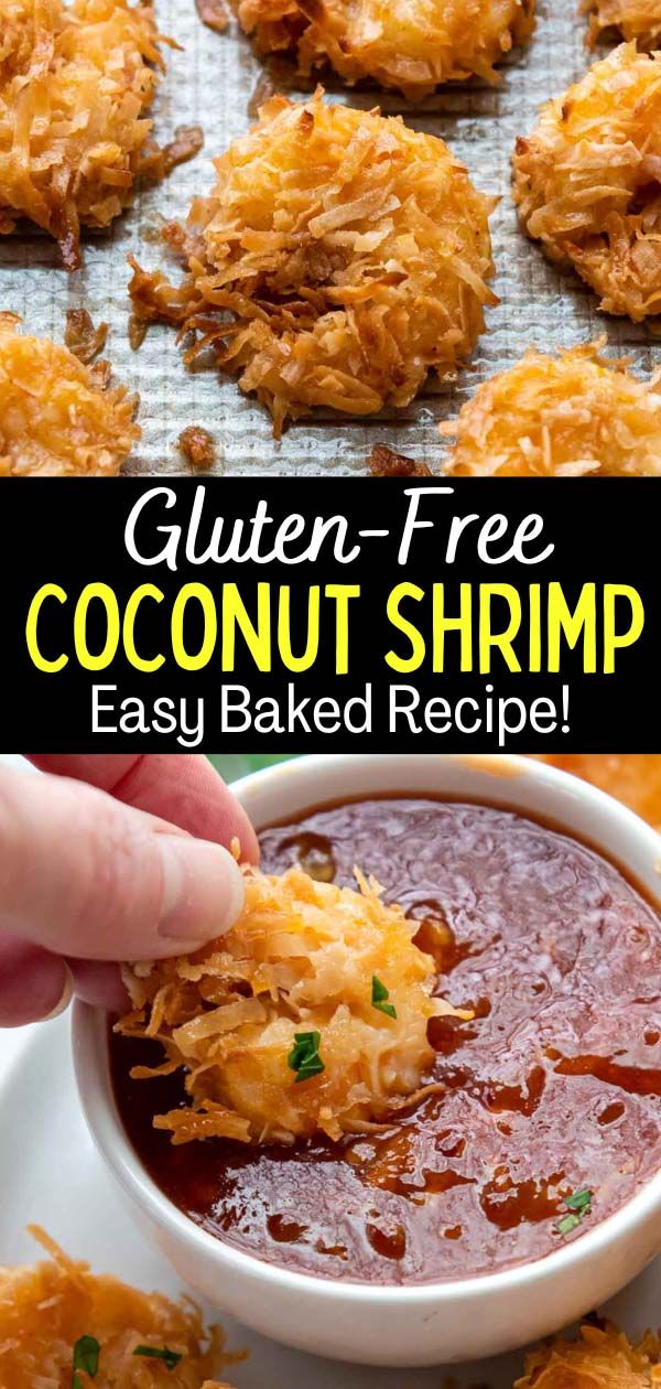 a person dipping some food into a bowl with the words gluten - free coconut shrimp