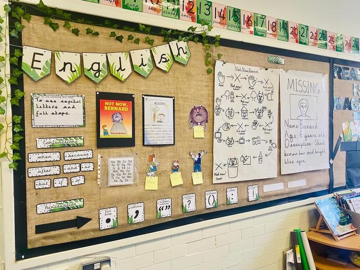 a bulletin board with writing and pictures on it