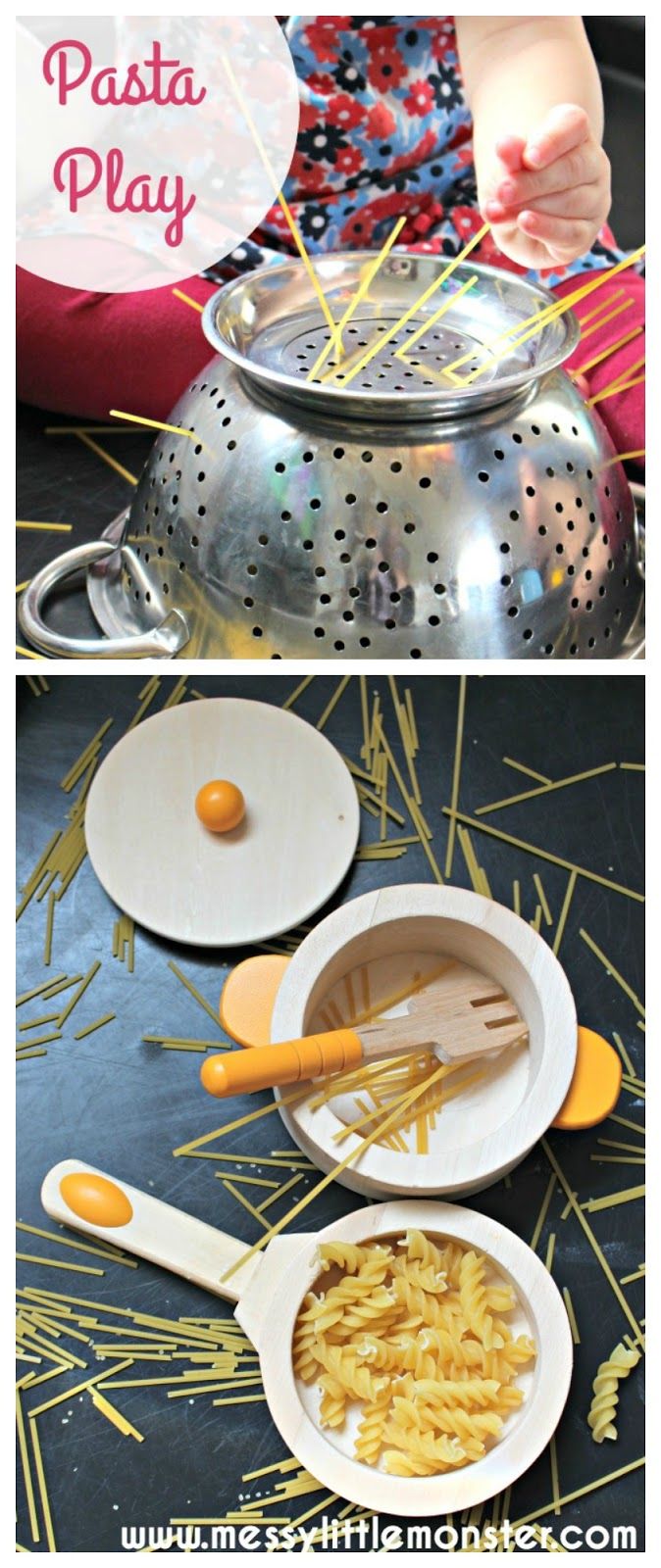 two pictures showing how to make pasta with plastic spoons and spatulas on the table