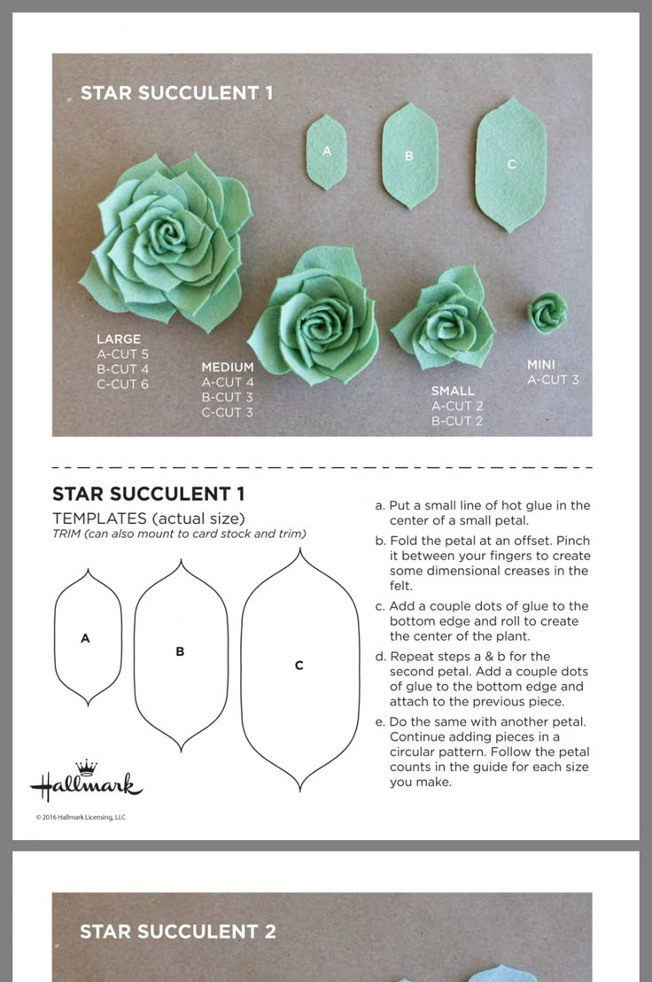 the instructions for how to make paper succulents with felt flowers and leaves